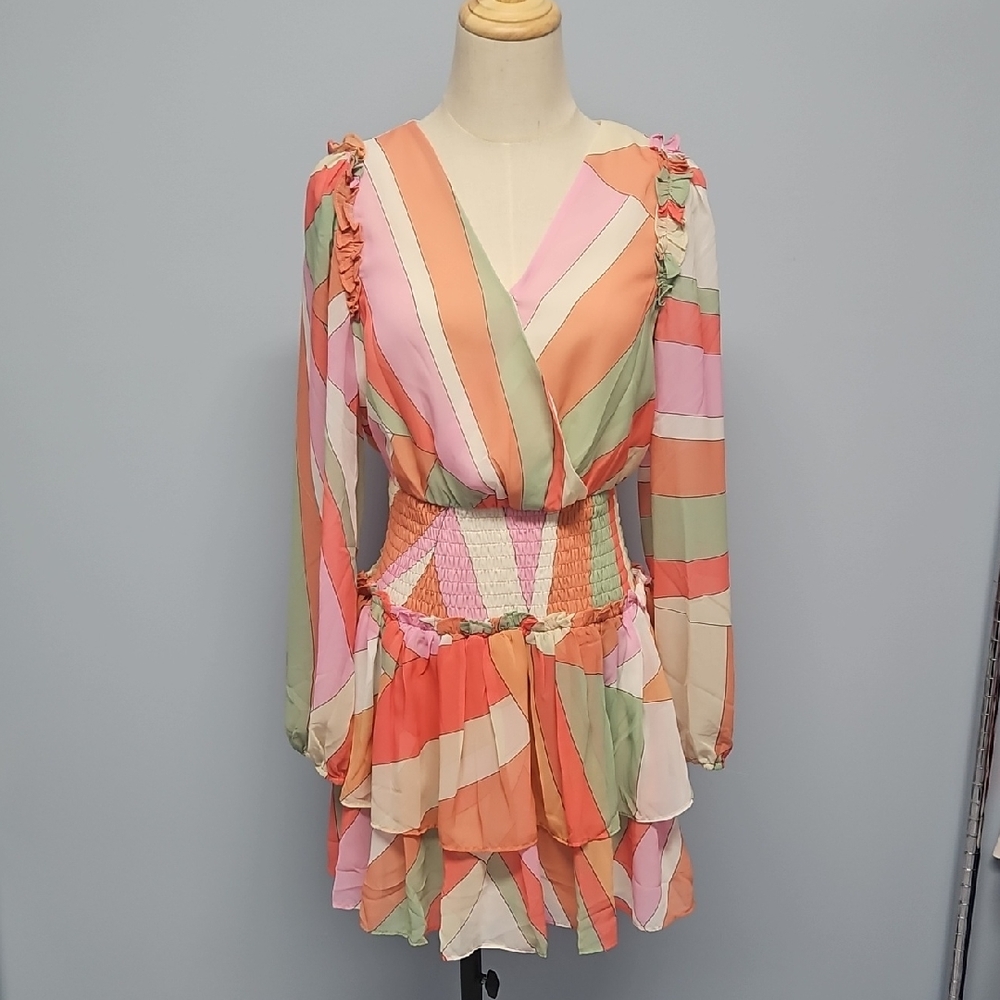 Skies Are Blue Multi Color Striped Long Sleeve V-neck Tiered Mini Dress Size- XS